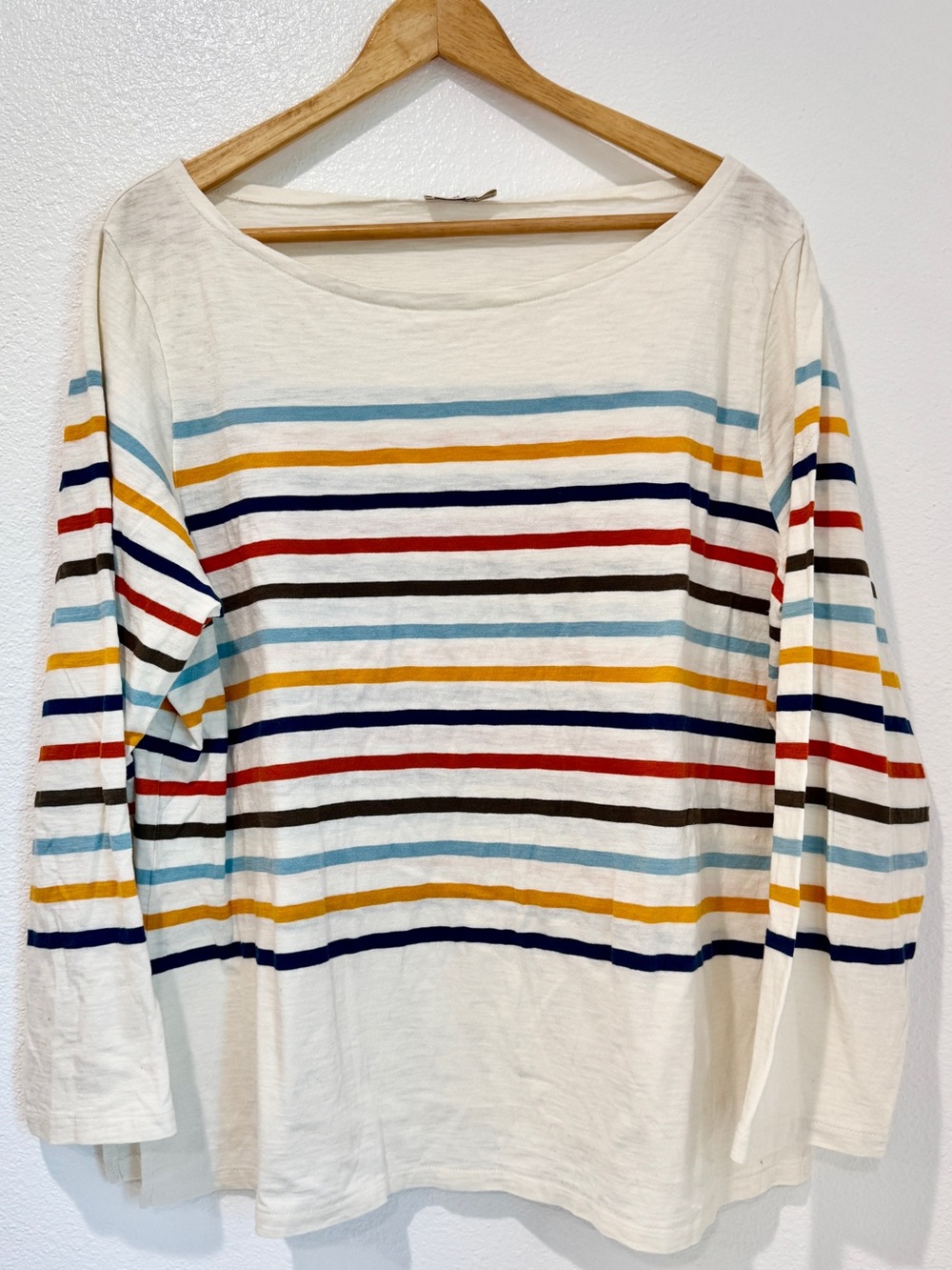 Faherty Coastal Grandmother Rainbow Stripe Cotton Slub Preppy Boatneck Top XL